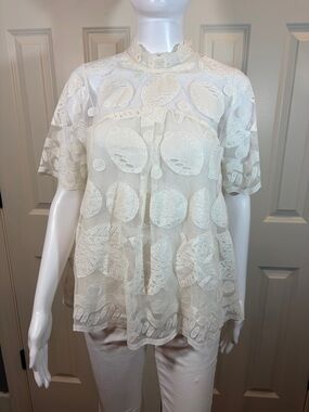 Anthropology Ivory Lace Embroidered Short Sleeve Blouse